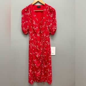 NICHOLAS Red Floral Silk Midi Dress Short Sleeves XS